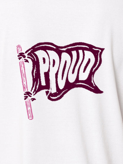 Close up of 'Proud' design on Men's White Polo T-shirt, highlighting intricate details and vibrant print.