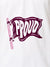 Close up of 'Proud' design on Women's White Polo T-shirt, highlighting intricate details and vibrant print.