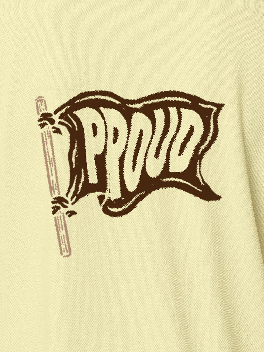Close up of 'Proud' design on Men's Yellow Polo T-shirt, highlighting intricate details and vibrant print.