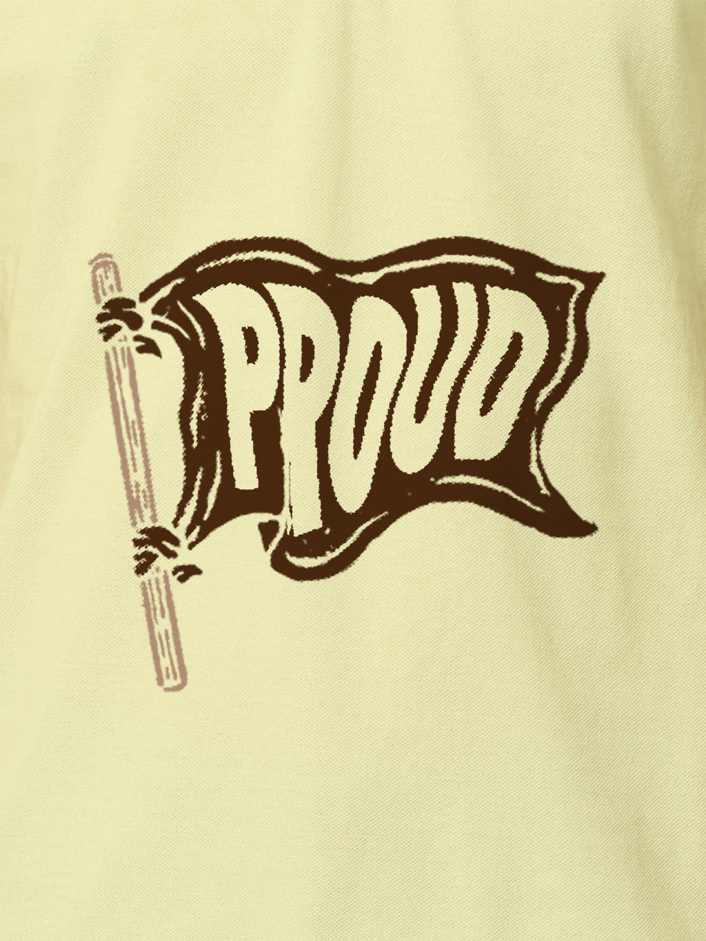 Close up of 'Proud' design on Women's Yellow Polo T-shirt, highlighting intricate details and vibrant print.