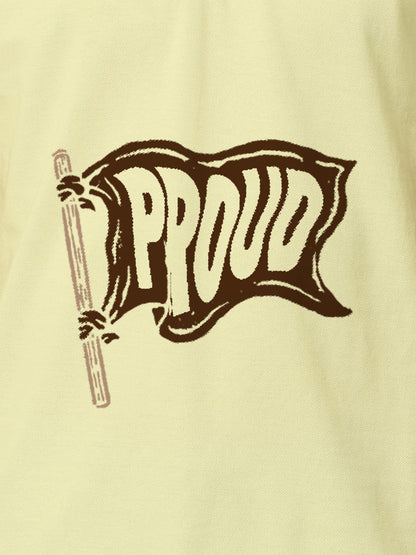 Close up of 'Proud' design on Women's Yellow Polo T-shirt, highlighting intricate details and vibrant print.