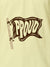 Close up of 'Proud' design on Women's Yellow Polo T-shirt, highlighting intricate details and vibrant print.
