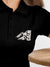 Close up of 'Calm' design on Women's Black Polo T-shirt, highlighting intricate details and vibrant print.