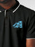 Close up of 'Calm' design on Men's Dark Grey Polo T-shirt, highlighting intricate details and vibrant print.