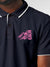 Close up of 'Calm' design on Men's Navy Blue Polo T-shirt, highlighting intricate details and vibrant print.
