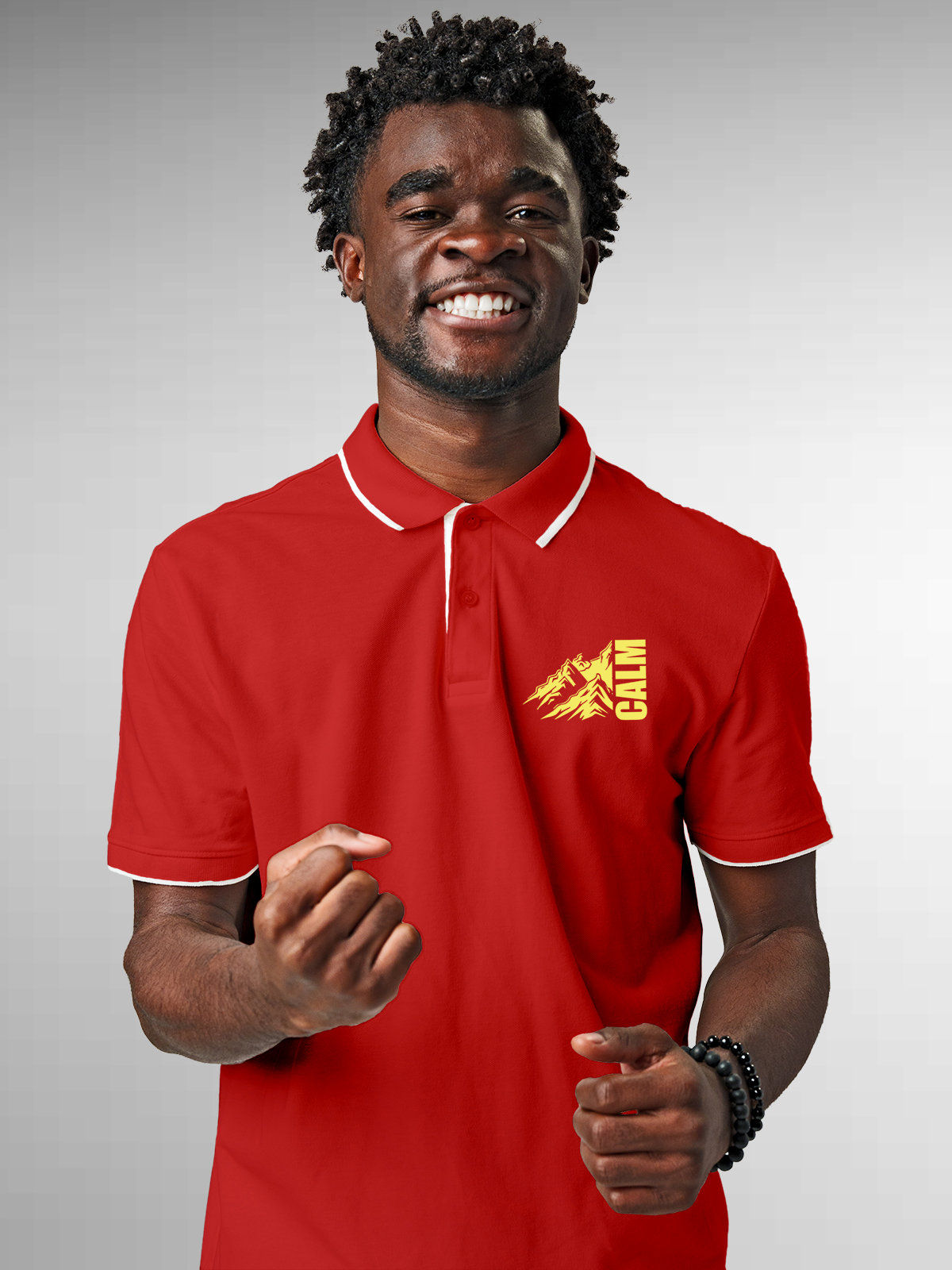 Model wearing Men's Red Polo T-shirt with 'Calm' design, offering effortless style and premium comfort