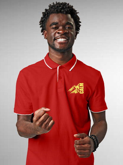 Model wearing Men's Red Polo T-shirt with 'Calm' design, offering effortless style and premium comfort