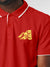 Close up of 'Calm' design on Men's Red Polo T-shirt, highlighting intricate details and vibrant print.
