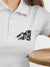 Close up of 'Calm' design on Women's White Polo T-shirt, highlighting intricate details and vibrant print.