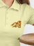 Close up of 'Calm' design on Women's Yellow Polo T-shirt, highlighting intricate details and vibrant print.
