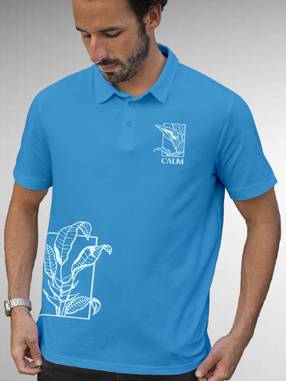 Model wearing Men's Blue Polo T-shirt with 'Calm' design, offering effortless style and premium comfort