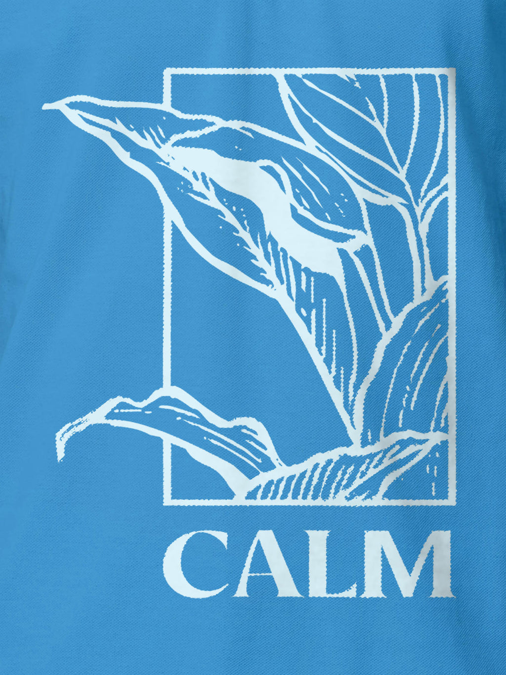 Close up of 'Calm' design on Men's Blue Polo T-shirt, highlighting intricate details and vibrant print.