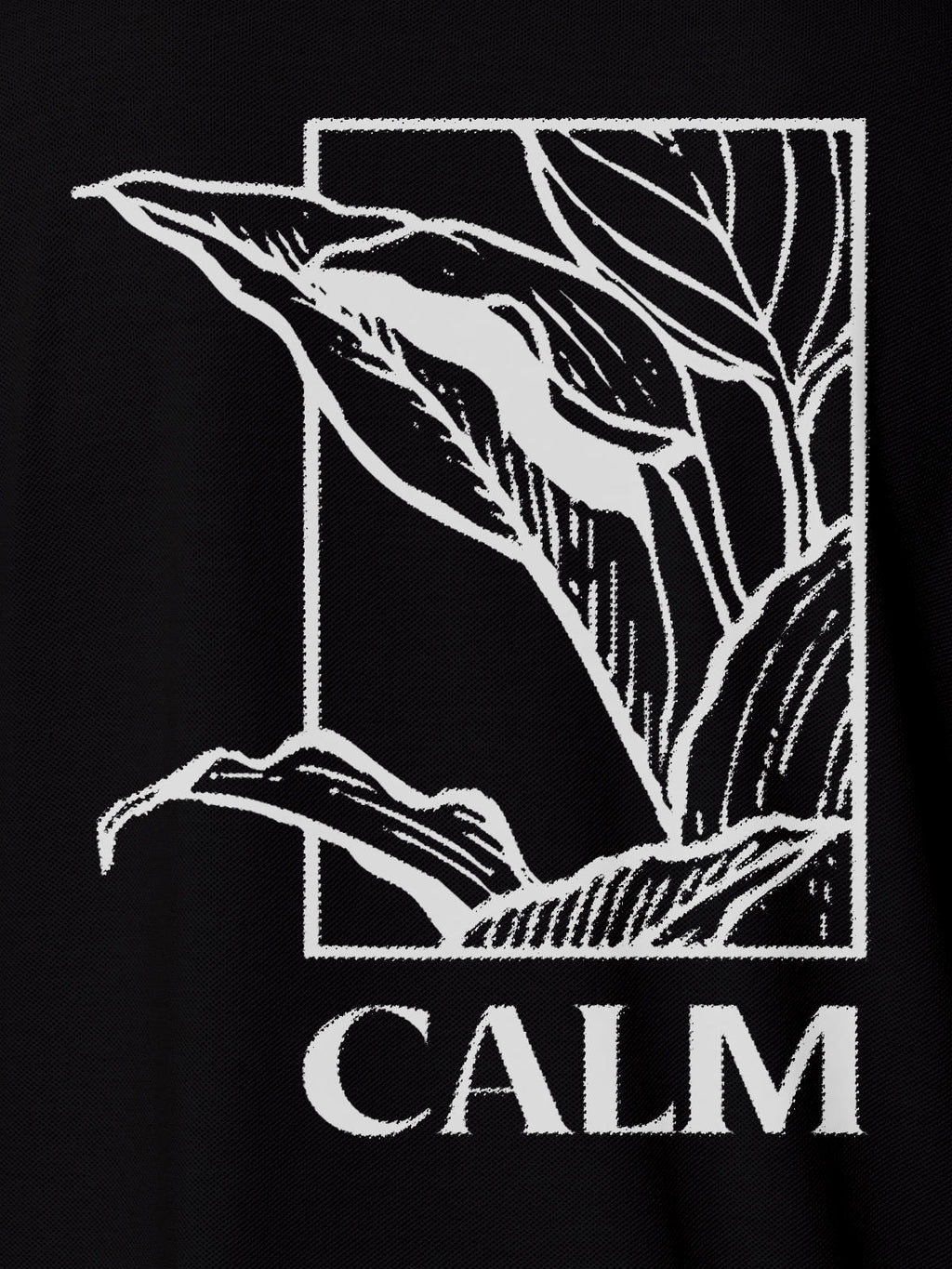 Close up of 'Calm' design on Women's Black Polo T-shirt, highlighting intricate details and vibrant print.