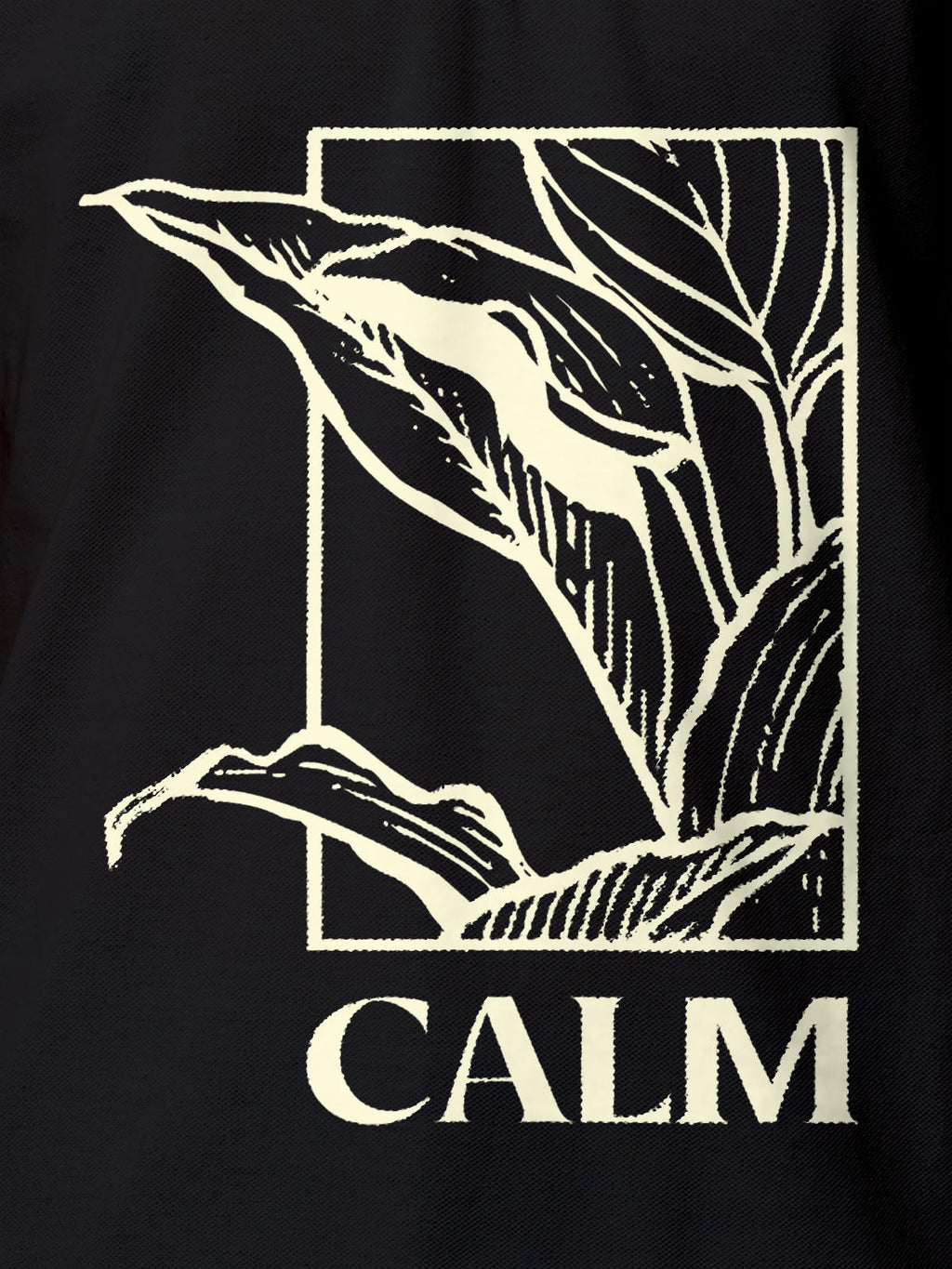 Close up of 'Calm' design on Men's Dark Grey Polo T-shirt, highlighting intricate details and vibrant print.