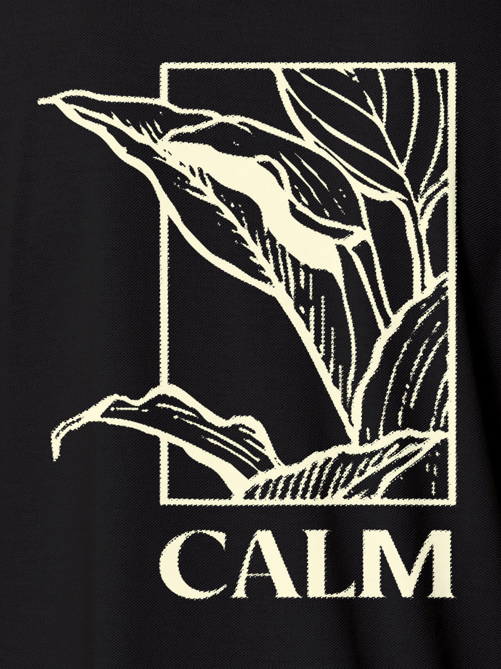 Close up of 'Calm' design on Women's Dark Grey Polo T-shirt, highlighting intricate details and vibrant print.