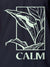 Close up of 'Calm' design on Men's Navy Blue Polo T-shirt, highlighting intricate details and vibrant print.