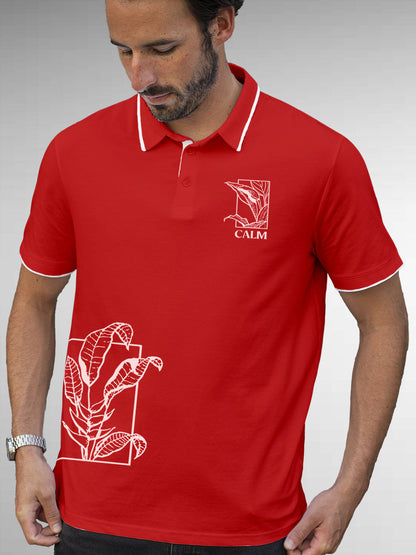 Model wearing Men's Red Polo T-shirt with 'Calm' design, offering effortless style and premium comfort