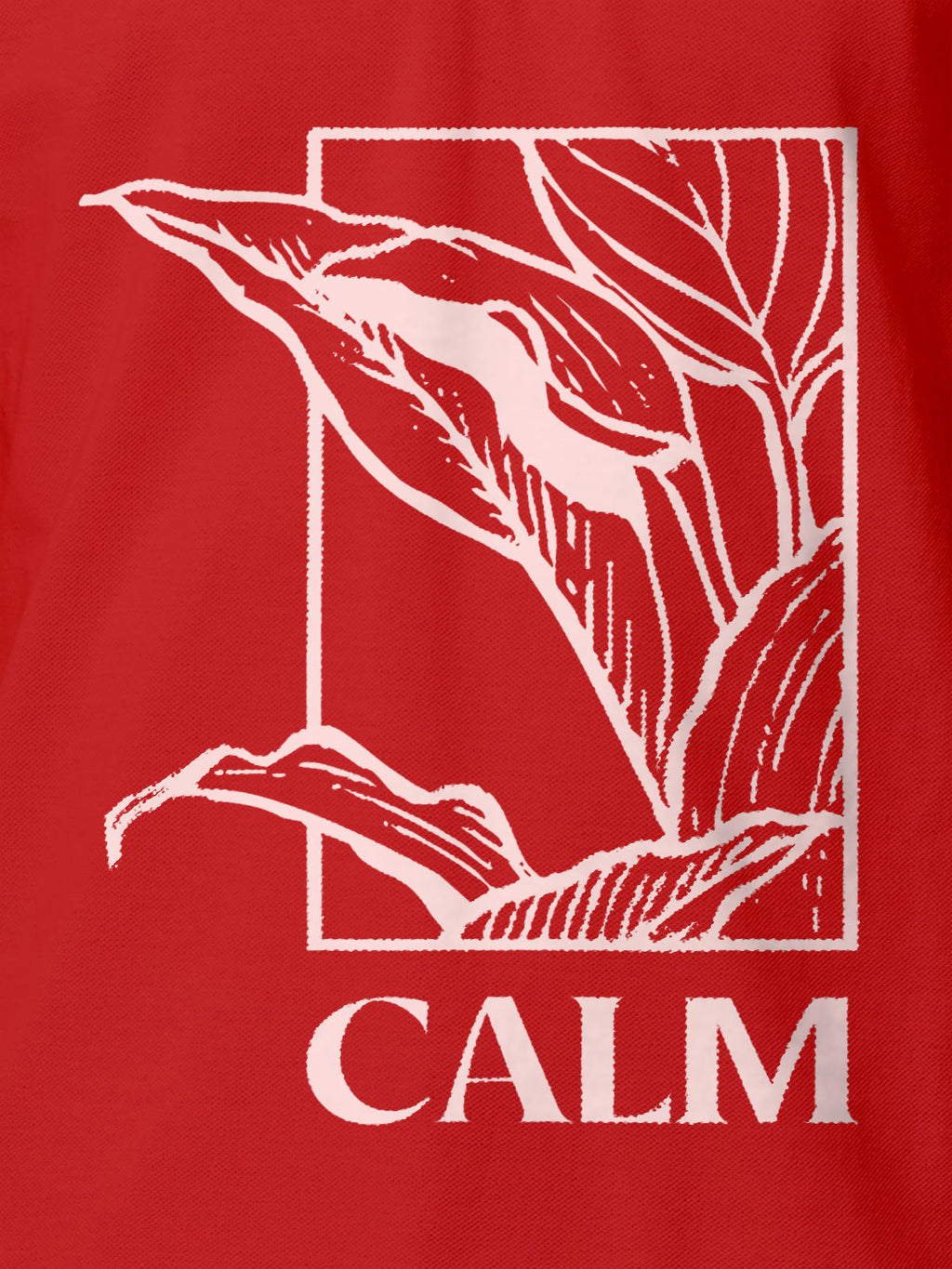 Close up of 'Calm' design on Men's Red Polo T-shirt, highlighting intricate details and vibrant print.