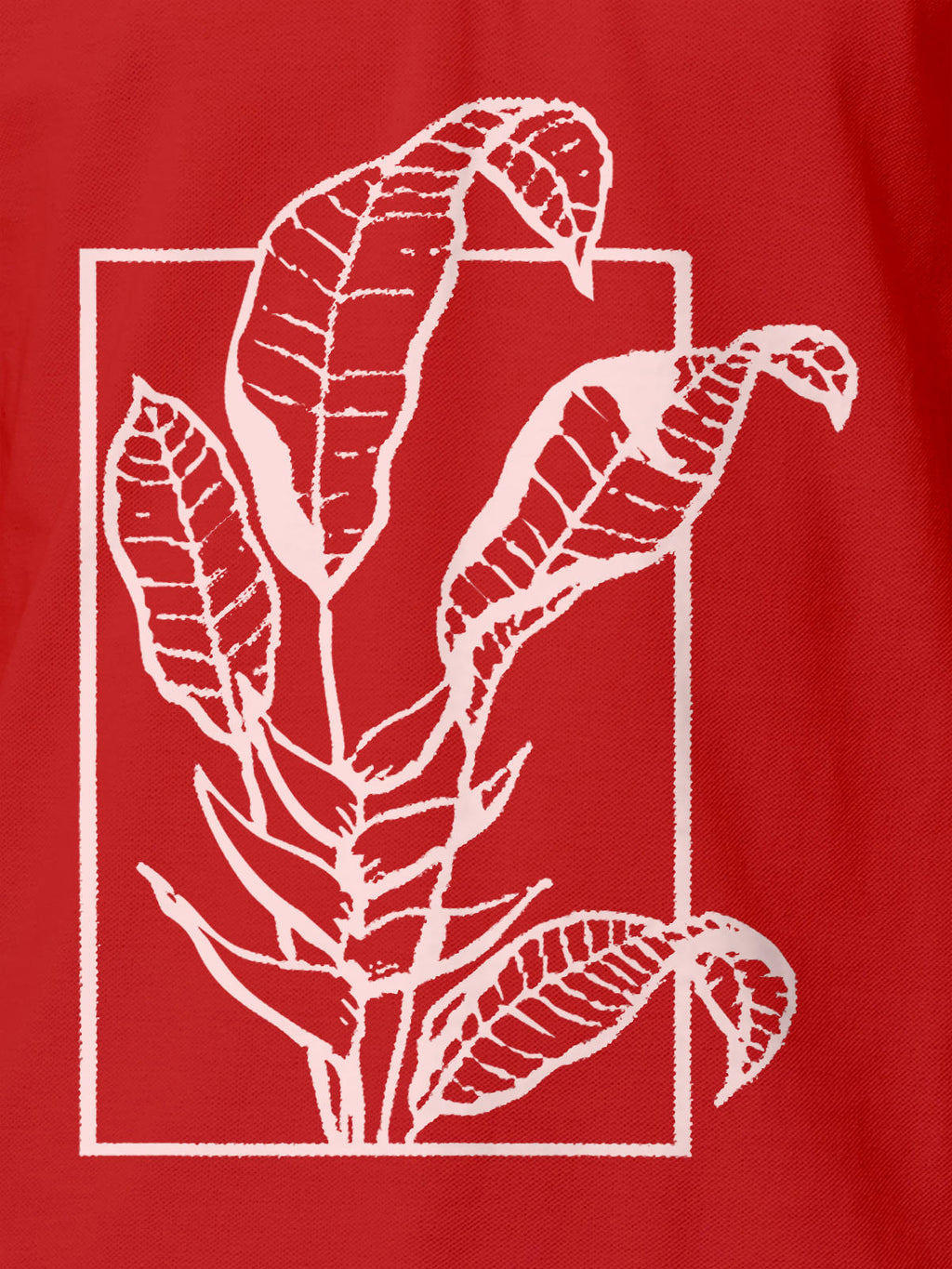 Close up of another 'Calm' design on Men's Red Collar T-shirt, highlighting the vibrant print.
