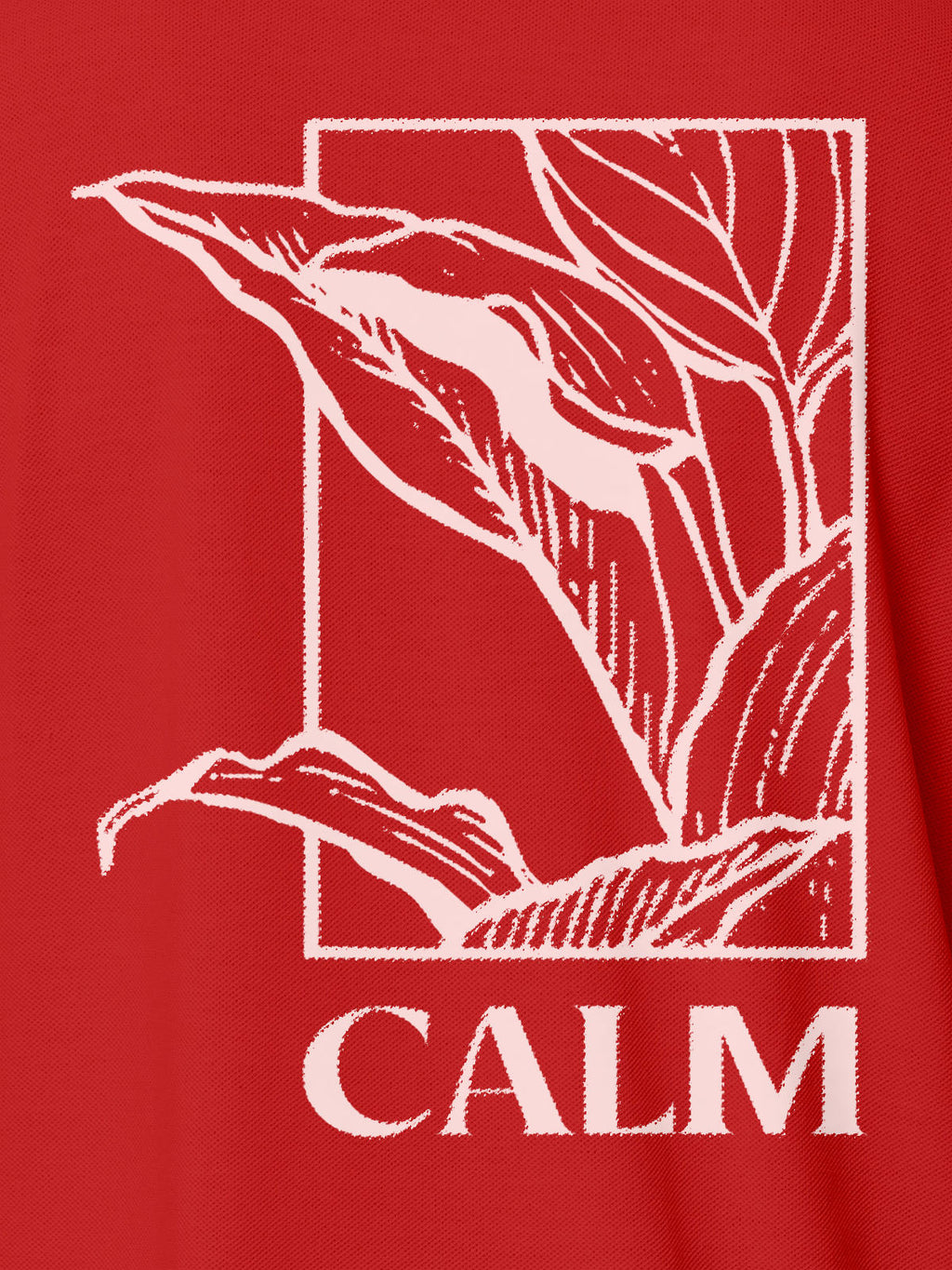 Close up of 'Calm' design on Women's Red Polo T-shirt, highlighting intricate details and vibrant print.