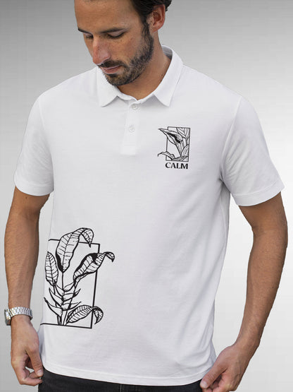 Model wearing Men's White Polo T-shirt with 'Calm' design, offering effortless style and premium comfort