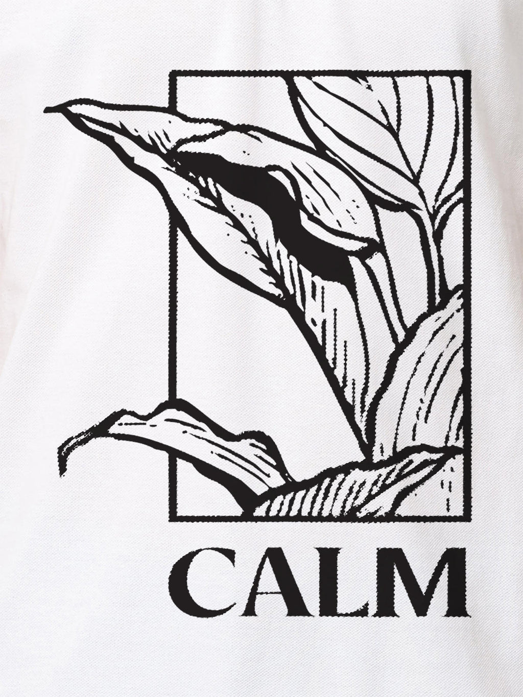 Close up of 'Calm' design on Men's White Polo T-shirt, highlighting intricate details and vibrant print.