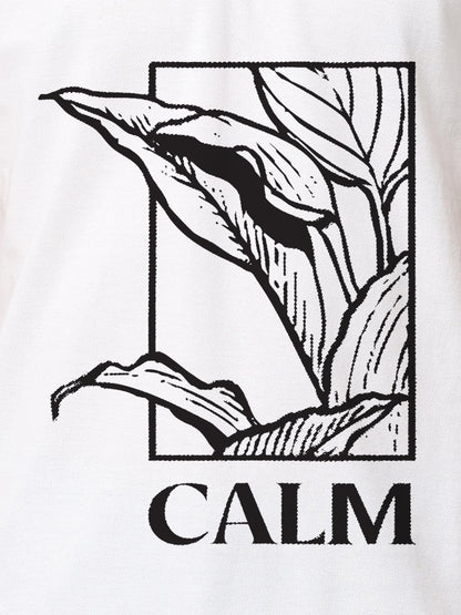 Close up of 'Calm' design on Men's White Polo T-shirt, highlighting intricate details and vibrant print.
