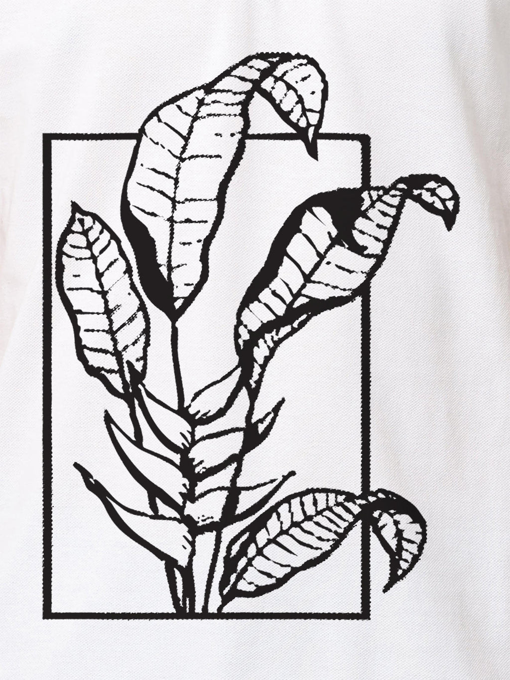 Close up of another 'Calm' design on Men's White Collar T-shirt, highlighting the vibrant print.