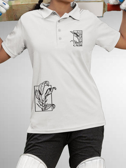Model wearing Women's White Polo T-shirt with 'Calm' design, offering effortless style and premium comfort
