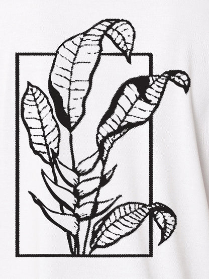Close up of another 'Calm' design on Women's White Collar T-shirt, highlighting the vibrant print.