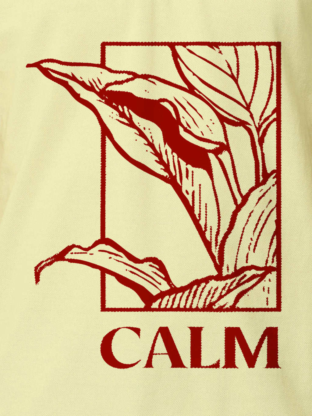 Close up of 'Calm' design on Men's Yellow Polo T-shirt, highlighting intricate details and vibrant print.