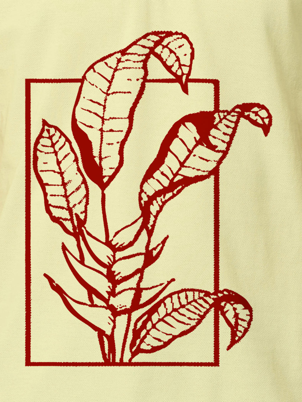 Close up of another 'Calm' design on Men's Yellow Collar T-shirt, highlighting the vibrant print.