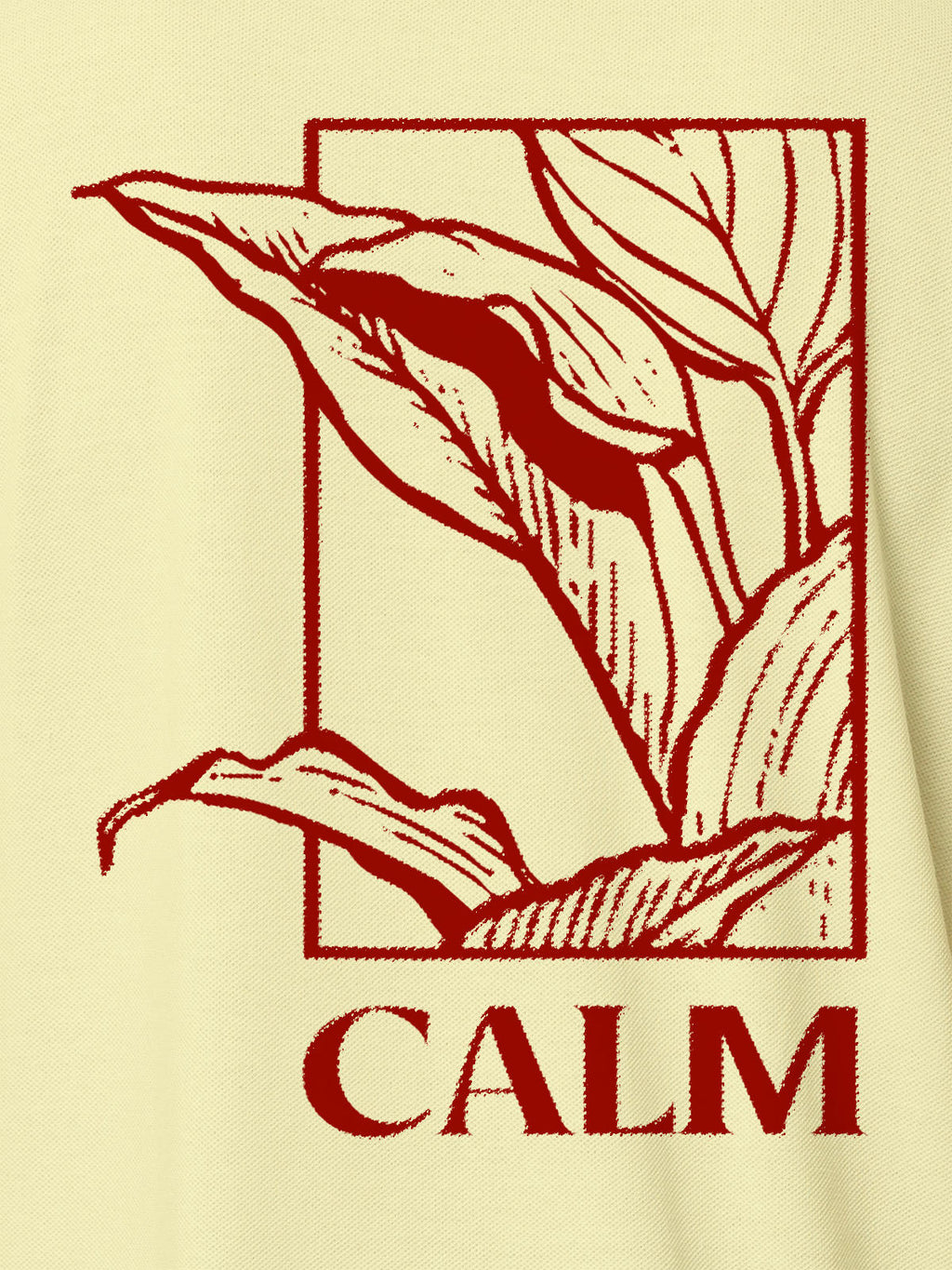 Close up of 'Calm' design on Women's Yellow Polo T-shirt, highlighting intricate details and vibrant print.