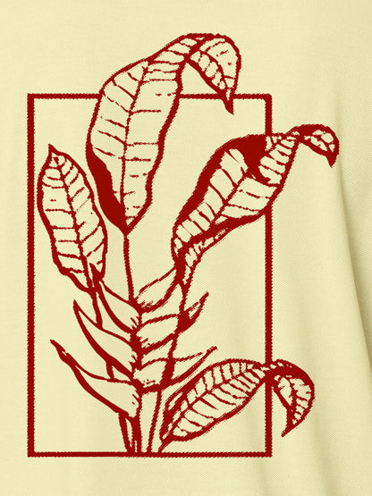 Close up of another 'Calm' design on Women's Yellow Collar T-shirt, highlighting the vibrant print.