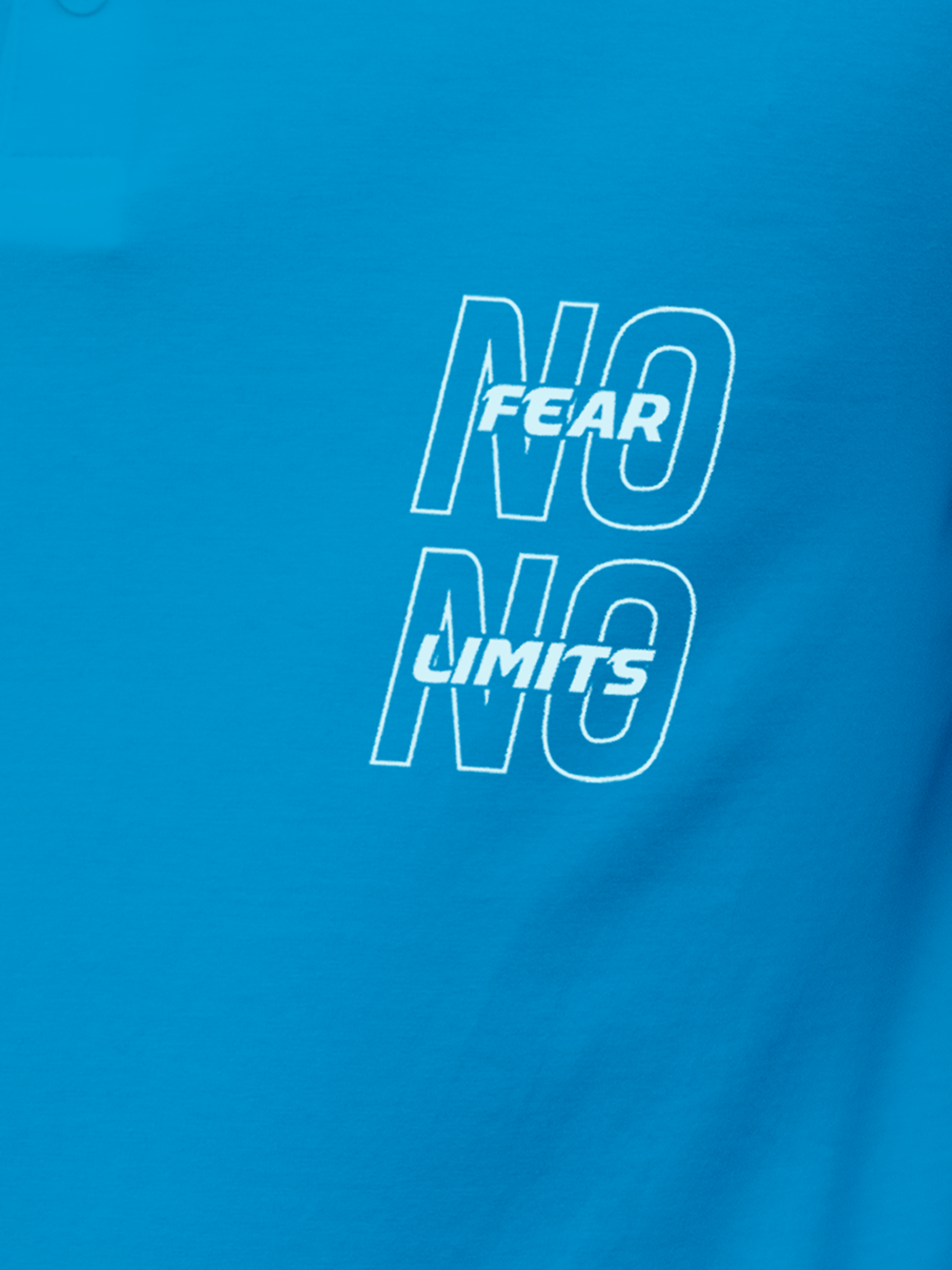 Close up of 'No Fear No Limits' design on Men's Blue Polo T-shirt, highlighting intricate details and vibrant print.