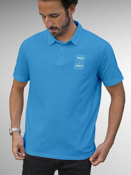 Model wearing Men's Blue Polo T-shirt with 'No Fear No Limits' design, offering effortless style and premium comfort
