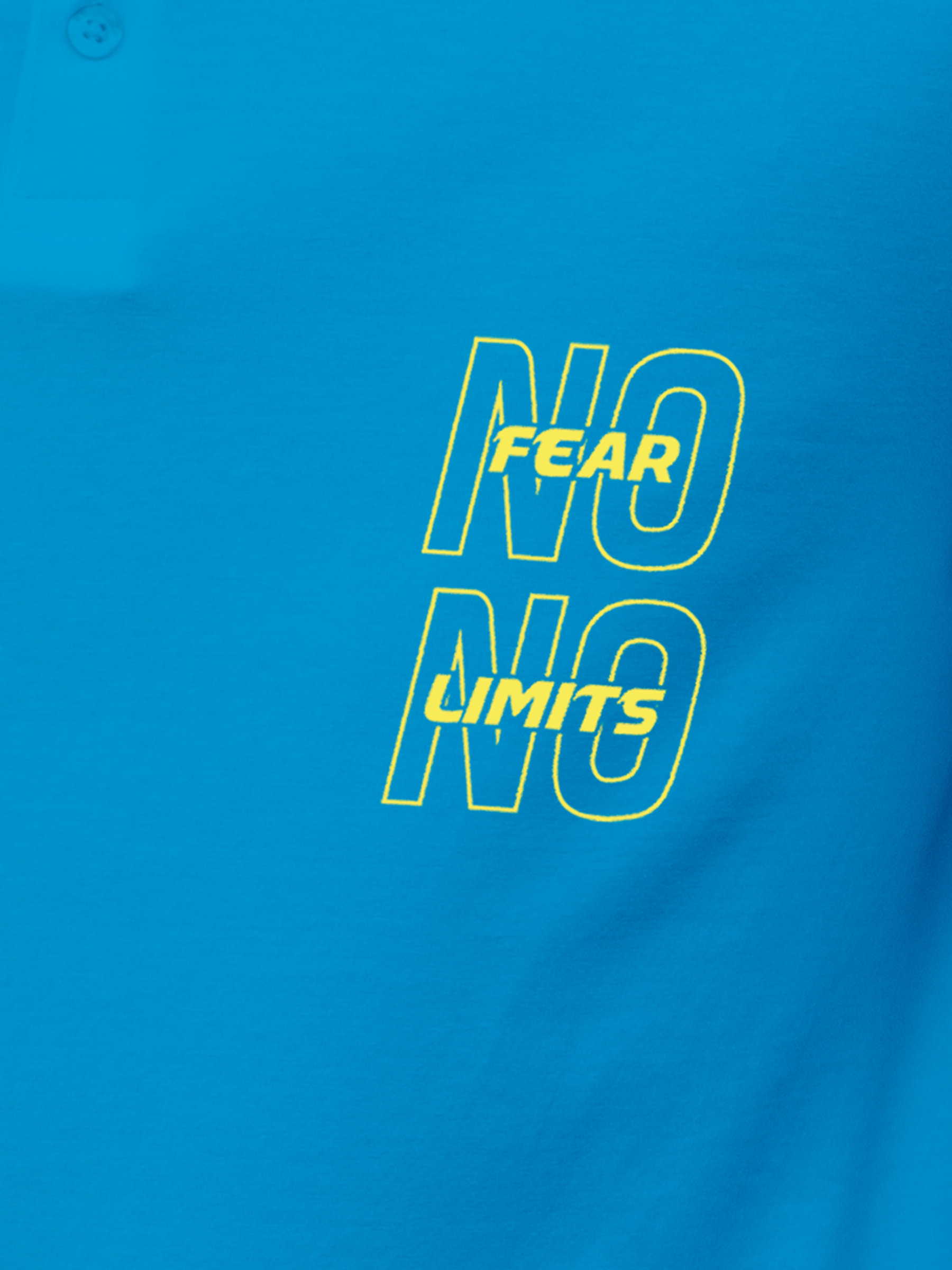Close up of 'No Fear No Limits' design on Men's Blue Polo T-shirt, highlighting intricate details and vibrant print.