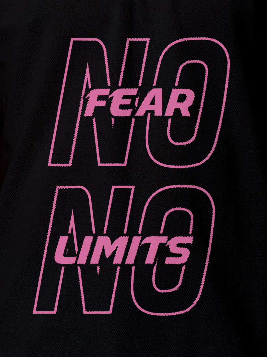 Close up of 'No Fear No Limits' design on Men's Black Polo T-shirt, highlighting intricate details and vibrant print.