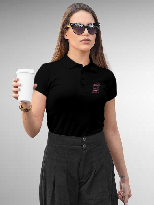 Model wearing Women's Black Polo T-shirt with 'No Fear No Limits' design, offering effortless style and premium comfort