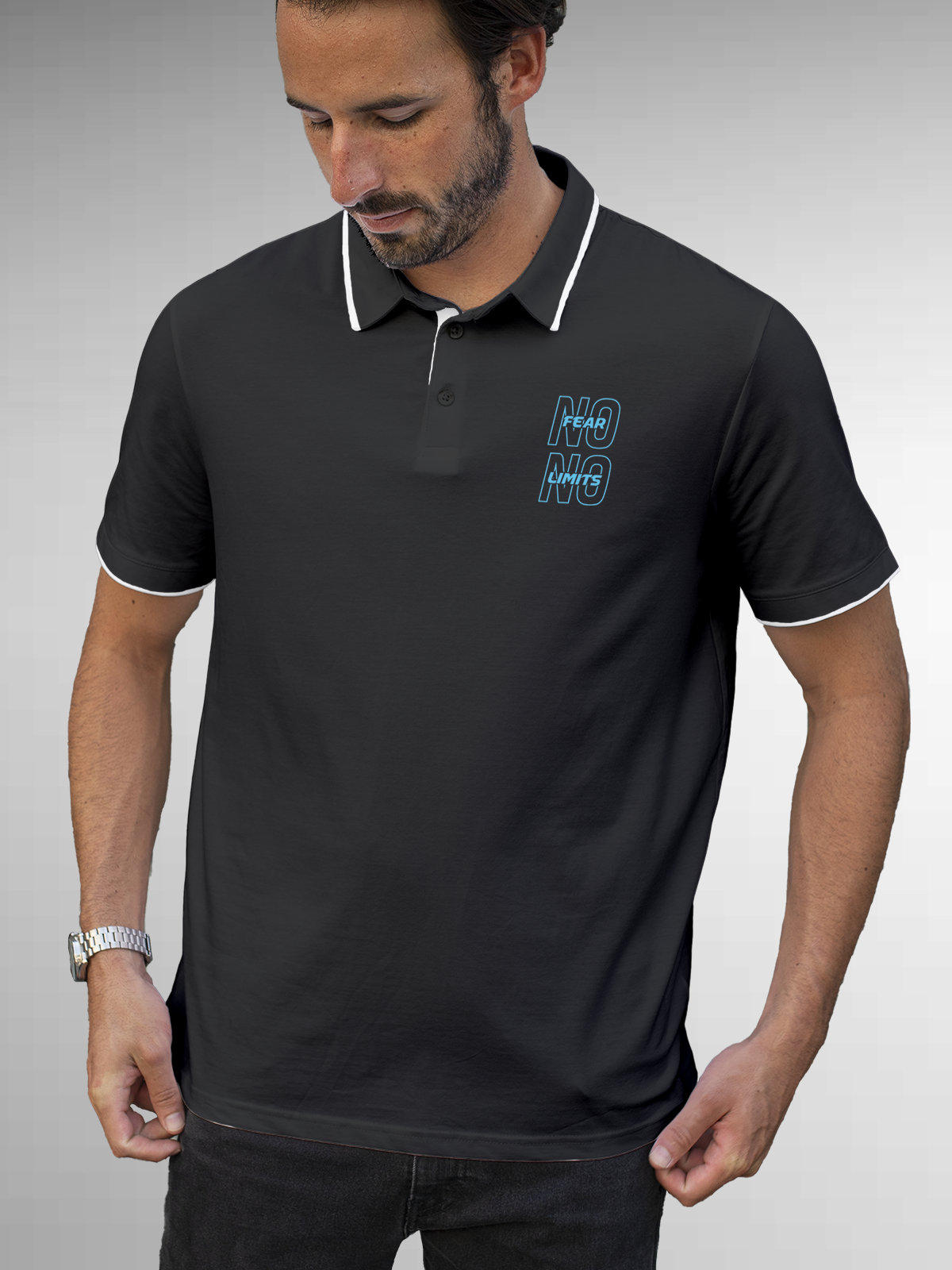 Model wearing Men's Dark Grey Polo T-shirt with 'No Fear No Limits' design, offering effortless style and premium comfort