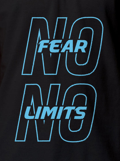 Close up of 'No Fear No Limits' design on Men's Dark Grey Polo T-shirt, highlighting intricate details and vibrant print.