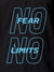 Close up of 'No Fear No Limits' design on Men's Dark Grey Polo T-shirt, highlighting intricate details and vibrant print.
