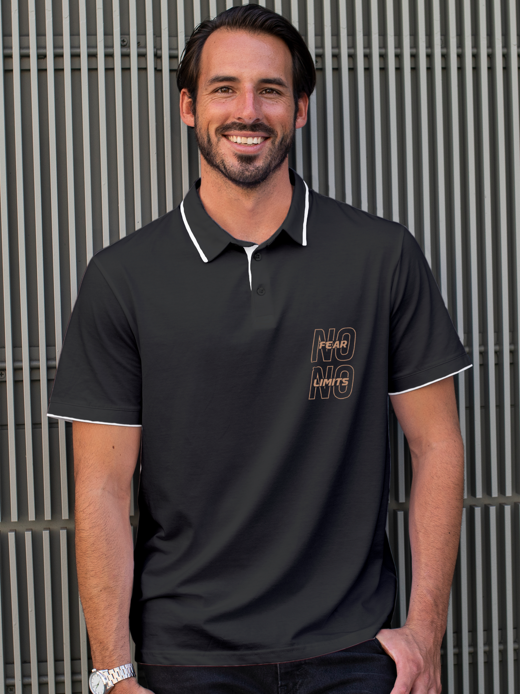 Model wearing Men's Charcoal Grey Polo T-shirt with 'No Fear No Limits' design, offering effortless style and premium comfort