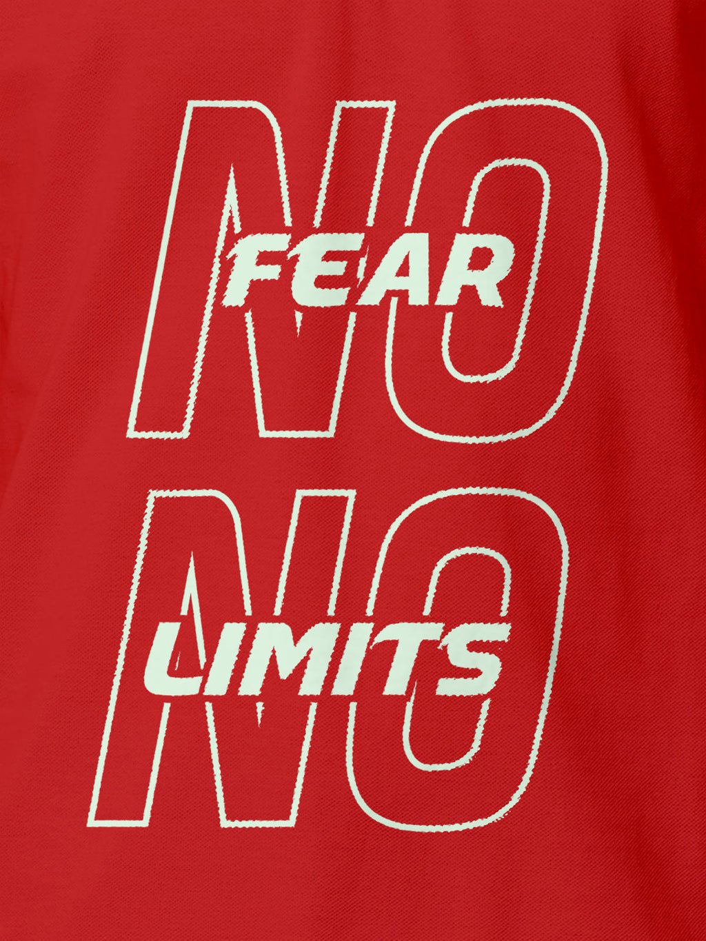 Close up of 'No Fear No Limits' design on Men's Red Polo T-shirt, highlighting intricate details and vibrant print.