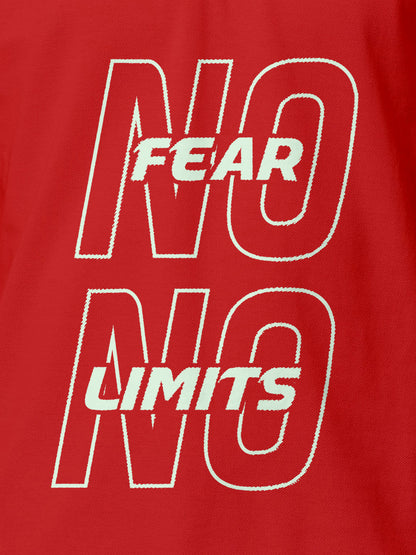 Close up of 'No Fear No Limits' design on Men's Red Polo T-shirt, highlighting intricate details and vibrant print.