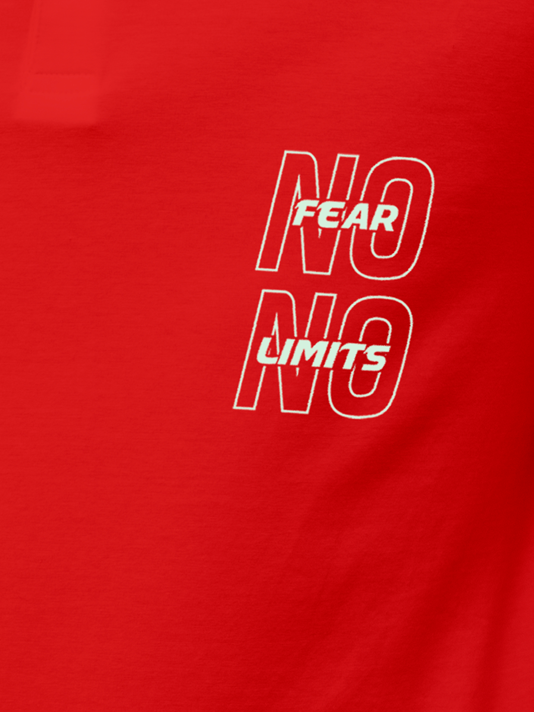 Close up of 'No Fear No Limits' design on Men's Red Polo T-shirt, highlighting intricate details and vibrant print.