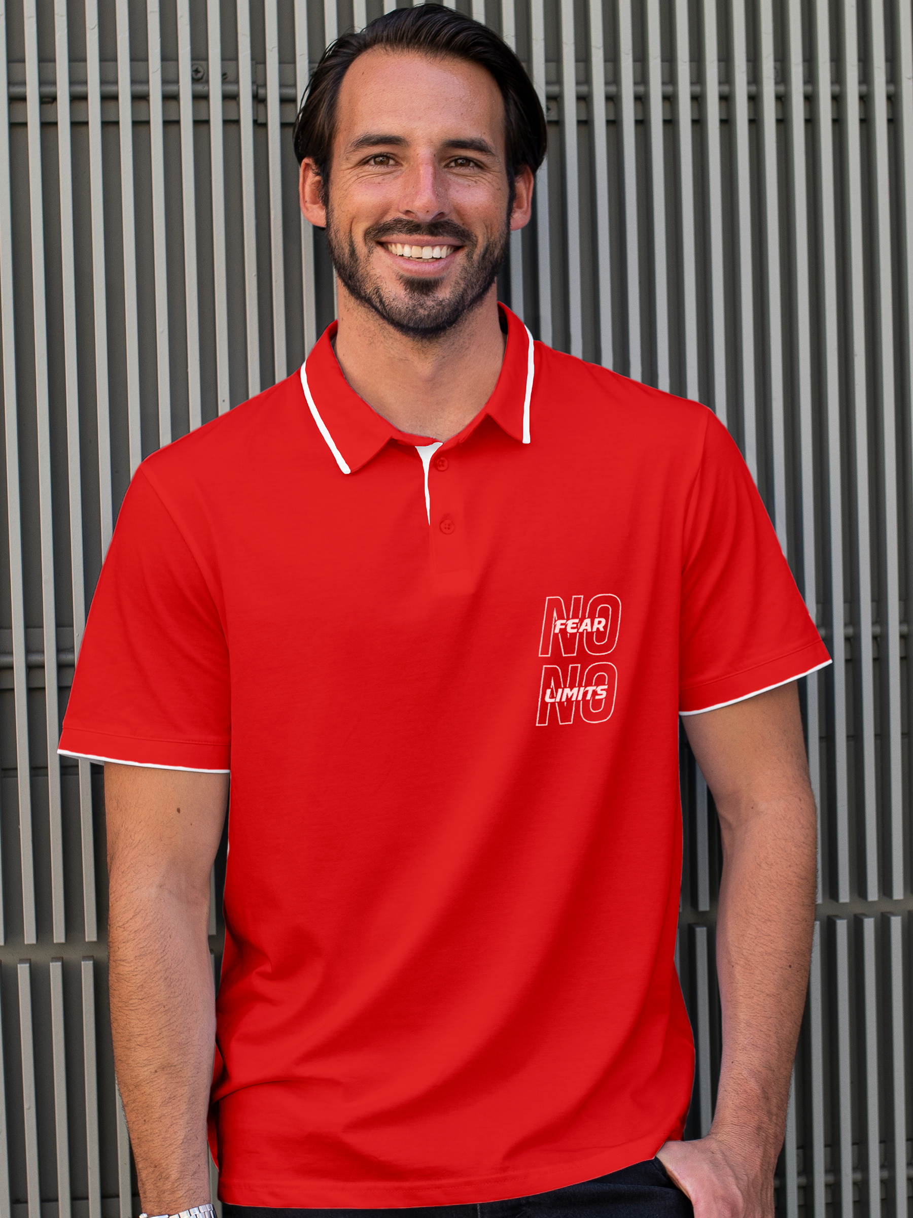 Model wearing Men's Red Polo T-shirt with 'No Fear No Limits' design, offering effortless style and premium comfort