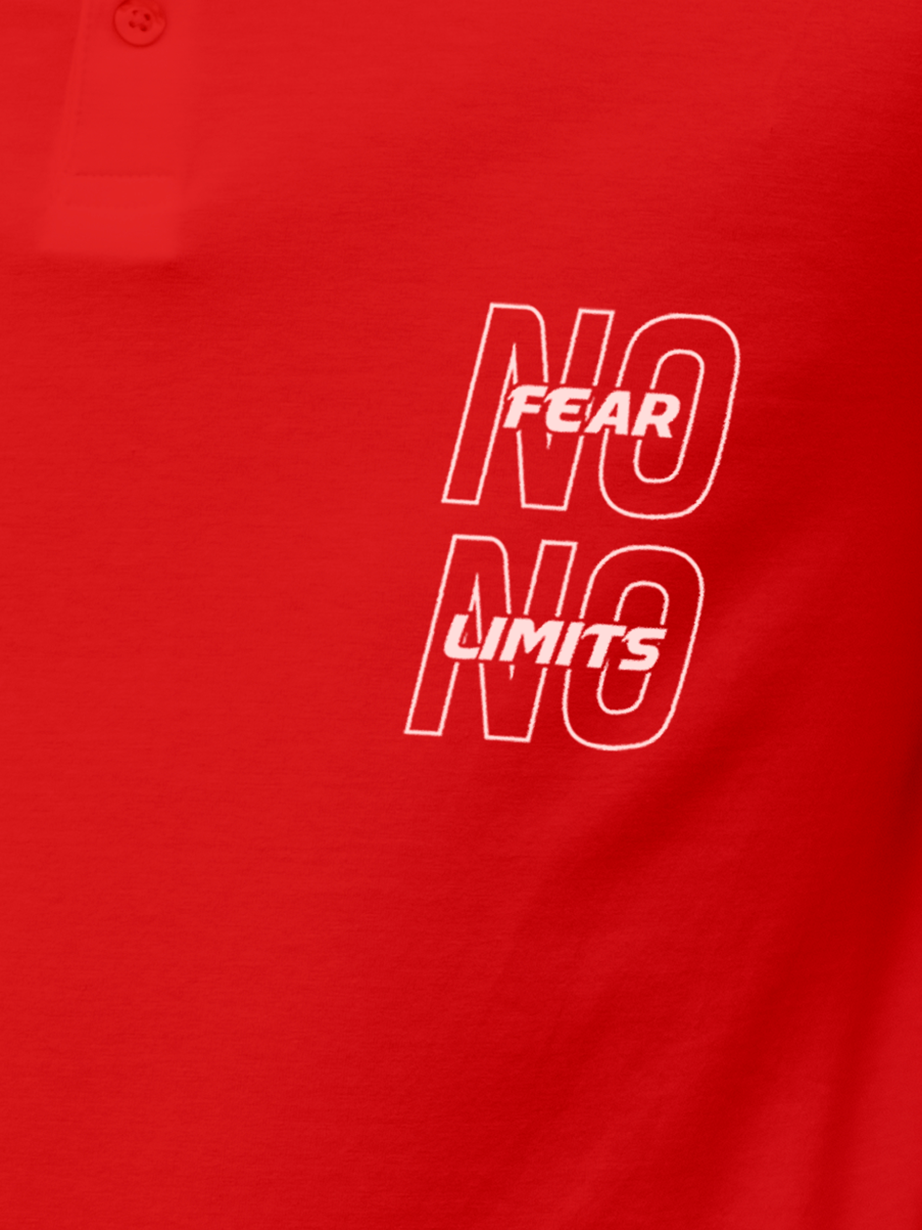Close up of 'No Fear No Limits' design on Men's Red Polo T-shirt, highlighting intricate details and vibrant print.