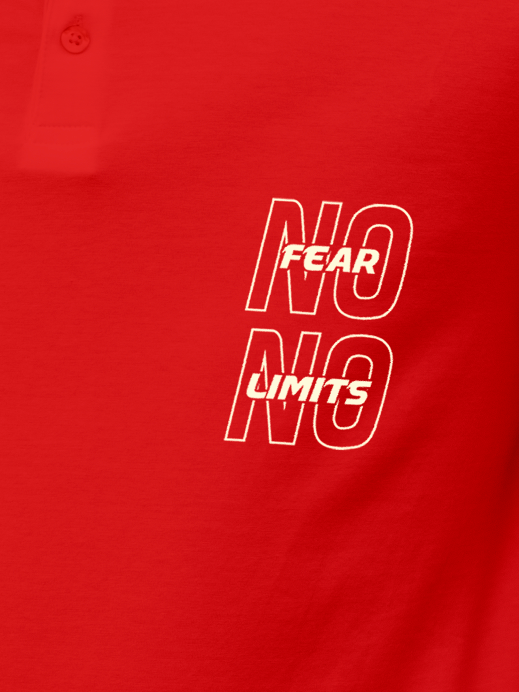 Close up of 'No Fear No Limits' design on Men's Red Polo T-shirt, highlighting intricate details and vibrant print.