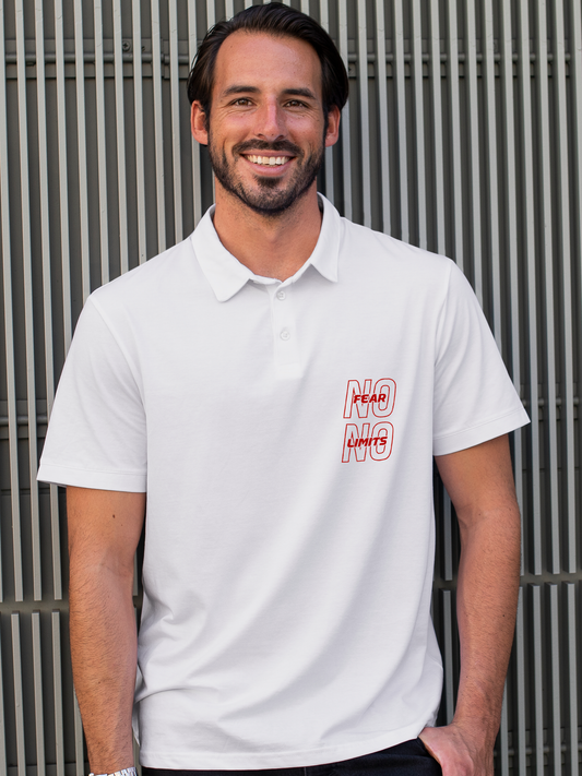 No Fear No Limits in this White Polo